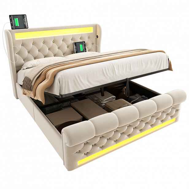 OKWISH ČALOUNĚNÁ postel 140/200 cm béžová ze sametu s LED, úložným prostorem, USB a Type-C