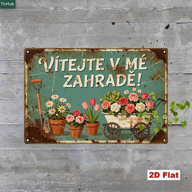 TEMU 2D plochá, 1 ks retro česká zahradní kovová cedule, 7,87x11,81 palců železná cedule, s českým citátem "Vítejte v mé zahradě", retro pastorální