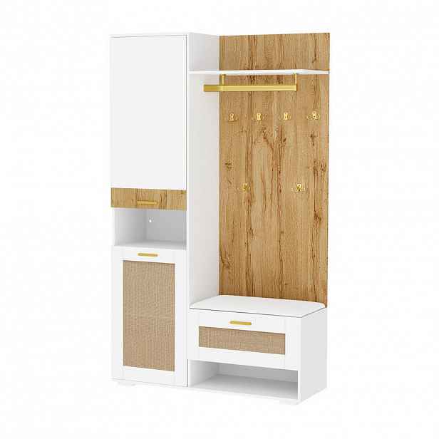 Modfu PŘEDSÍŇOVÁ sestava z MDF a dřevotřísky 110x38x190 cm bílá a dekor dřeva se zrcadlem, LED osvětlením a lavicí