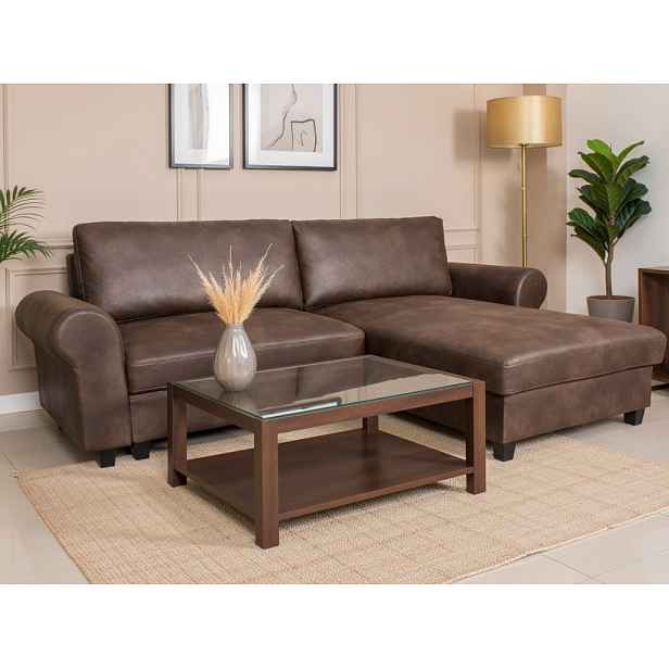 Rohová sedačka Florina, hnědá látka ve vintage optice kůže