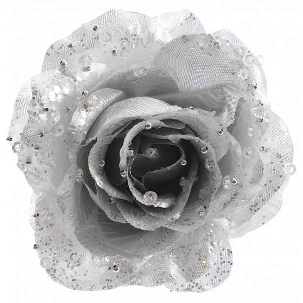 Vánoční ozdoba Květ růže, stříbrná se třpytkami