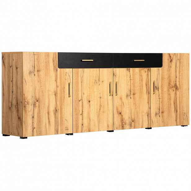 Modfu KOMODA z dřevotřísky 208x39,5x80 cm bílá/hnědá se 4 dvířky, 2 zásuvkami a velkým úložným prostorem