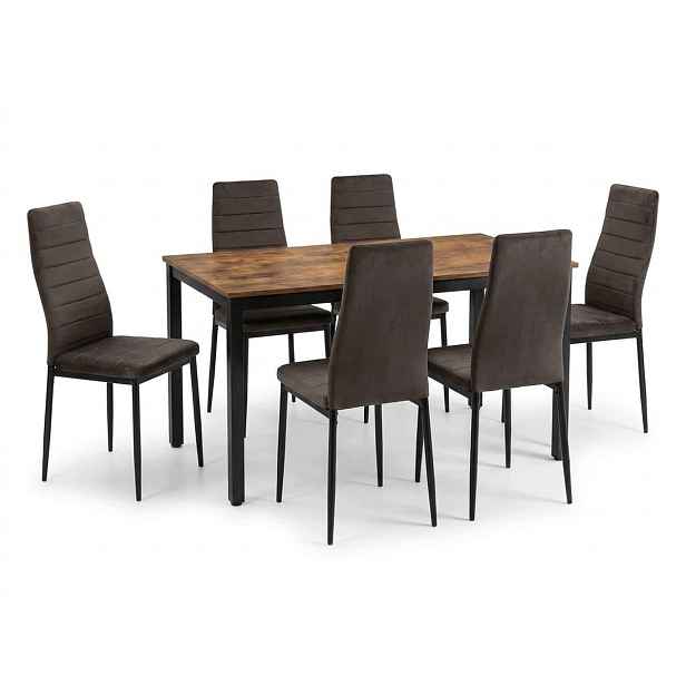 Jídelní set Loft: Stůl 120x60 cm (dekor starý dub) 6 sametových židlí Axell v hnědé barvě