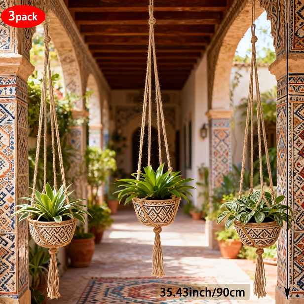 TEMU Sada 3 závěsných košíků na rostliny Macrame pro vnitřní použití 35"/29"/23" Pletené provazové květináče Háčkovaný držák na rostliny pro Boho