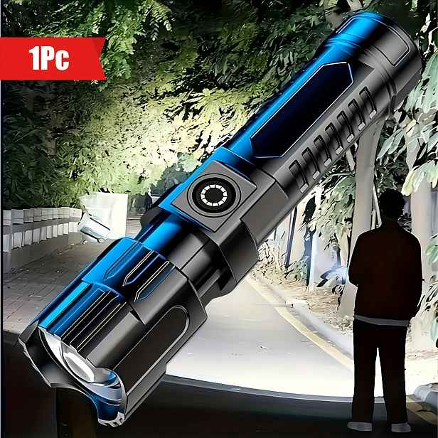 TEMU 1ks Ultra-jasná LED svítilna, IP65, Teleskopický zoom, USB dobíjecí s digitálním displejem výkonu, Ruční světlo pro kempování, turistiku,