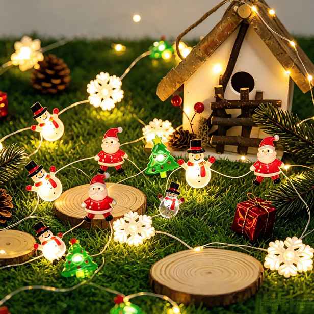 TEMU 39,4 palce / 118 palců Vánoční dekorativní světelný řetěz, Vánoční LED světelný řetěz s Santa , Sněhuláka, stromku a sněhové vločky, Bateriové