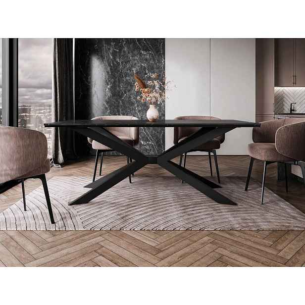Designový jídelní stůl 190x90 LYNNWOOD - mramor black royal / lesklý černý / černý