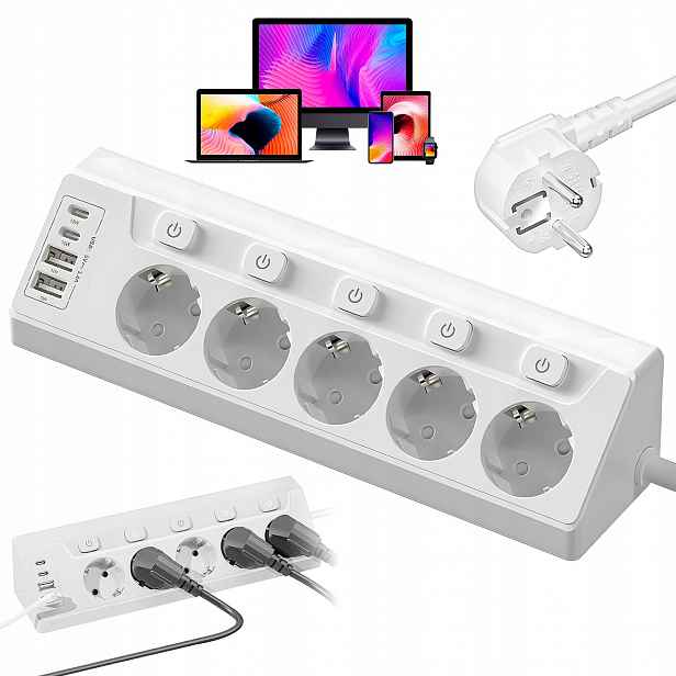 Prodlužovací Kabel Zásuvková Lišta 2 M 5 Zásuvek 4X Usb Nabíječka