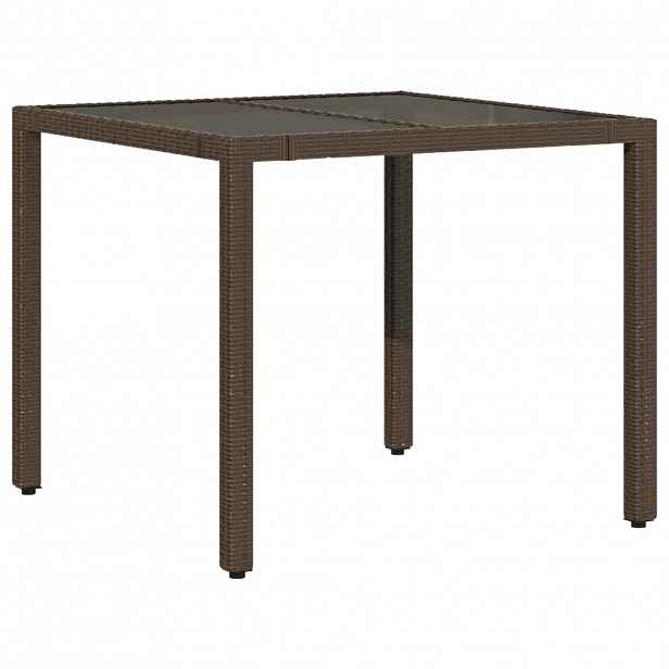 vidaXL Zahradní stůl se skleněnou deskou hnědý 90x90x75 cm polyratan
