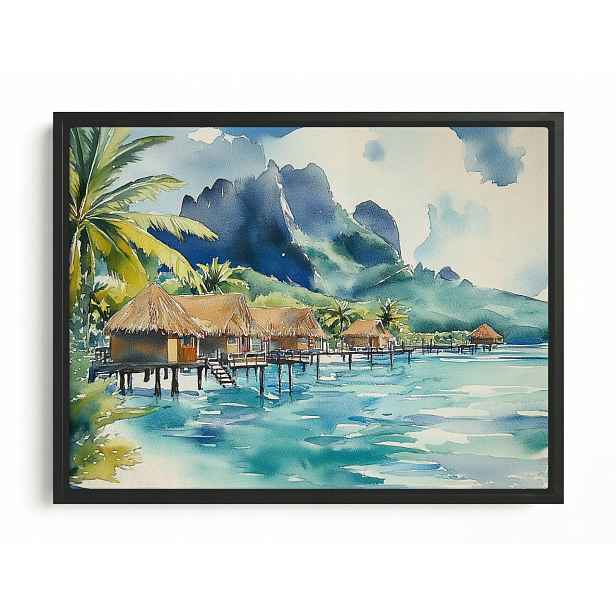 Obraz Rám Americký Box Krajina Ostrov Tropika Pláž Chatky Oceán Hory 80x60