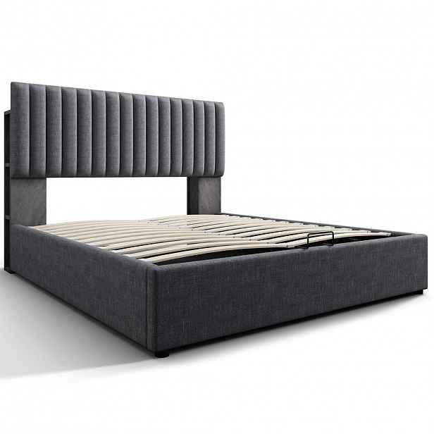 WISHDOR ČALOUNĚNÁ POSTEL 140 × 200 cm v šedém lnu s úložným prostorem, LED osvětlením a USB/USB-C