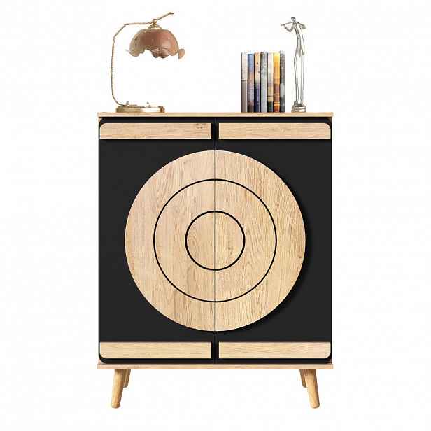 OKWISH BOTNÍK 76/37/98,5 cm černá/přírodní z MDF s geometrickými dvířky a víceúrovňovým úložným prostorem