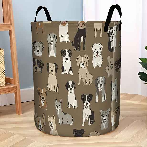 TEMU 1ks Organizér na prádlo Puppy Parade s roztomilým potiskem štěňátek - Skládací kulatý úložný koš, velkokapacitní odolný polyesterový koš na