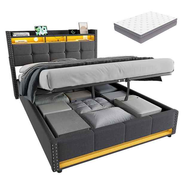 STILVORA ČALOUNĚNÁ POSTEL 140 × 200 cm s matrací, úložným prostorem, LED a USB, šedá, lněný potah