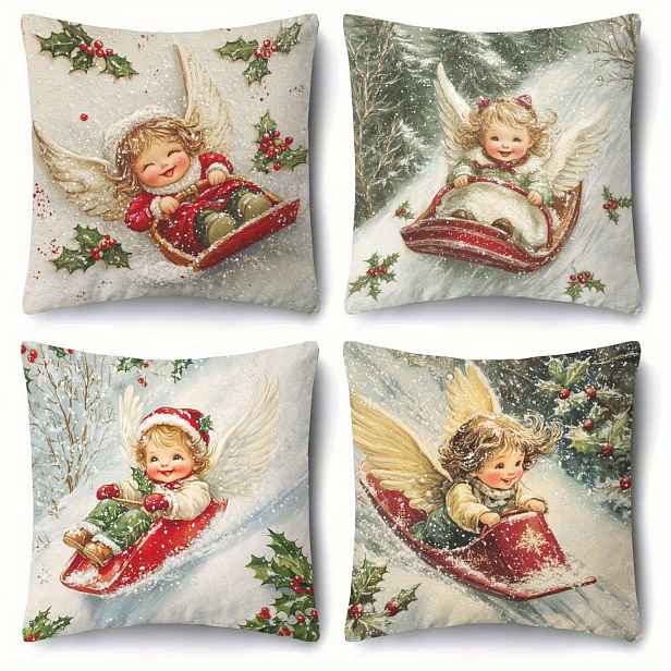 TEMU 4 ks, vánoční povlak na polštář, anděl, saně, potisk cesmíny, vintage styl, jednostranný tisk, pratelný zip, bez výplně, vhodný do obýváku,