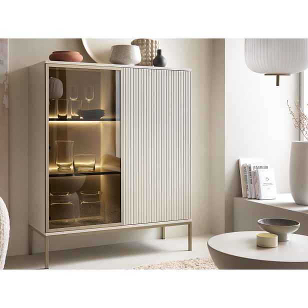 Skříňka s vitrínou Sento, kašmírově béžová/šampaň, s osvětlením