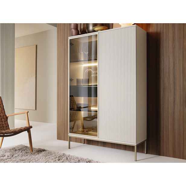 Vitrína Sento, kašmírově béžová/šampaň, s osvětlením