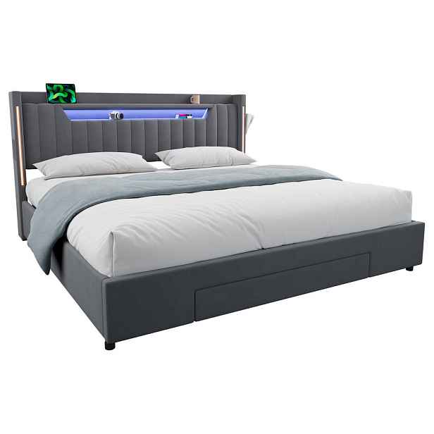 STILVORA ČALOUNĚNÁ POSTEL 180 × 200 cm s úložným prostorem, zásuvkami a LED, šedá, sametový potah, bez matrace