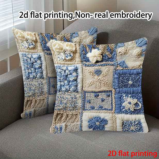 TEMU 2ks - 2D Plochý Tisk, Boho Patchwork Potahy na Polštáře, Modré a Béžové Dekorativní Povlaky na Polštáře pro Pohovku, Ložnici, Obývací Pokoj,
