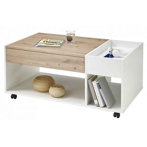 Konferenční stolek s přihrádkami Emil, bílý/dub artisan