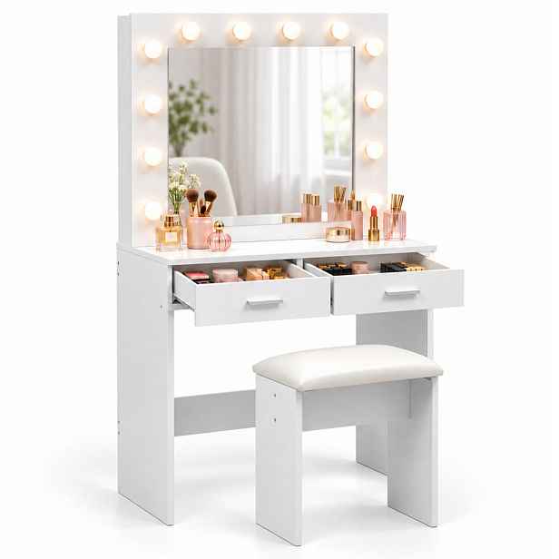 Relaxdays TOALETKA bílá se stoličkou LED zrcadlo