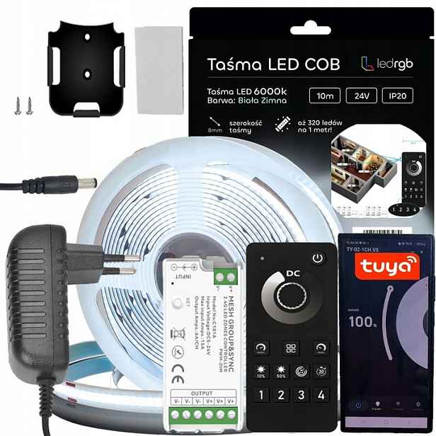 Sada Led pásků Cob 24V 10 m Bílá Z. 6000K Napájecí Zdroj Tuya Bt Zóny Dálkový Ovladač