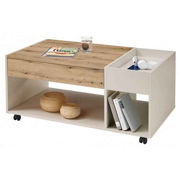 Konferenční stolek s přihrádkami Emil, béžový kašmír/dub artisan