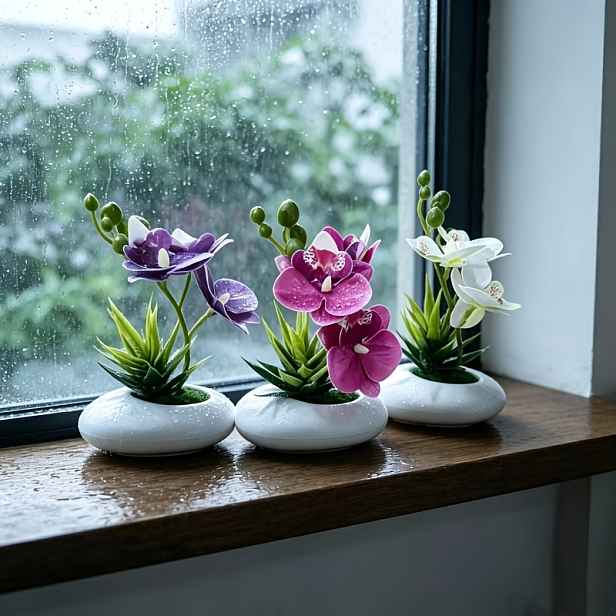 TEMU 3 ks Simulační květiny do květináčů pro domácí dekoraci, Phalaenopsis orchideje a sukulenty, obsahuje silné bílé květináče s rostlinami, vhodné