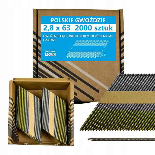 Hřebíky do hřebíkovačky spojované papírem 2,8x63mm 34° 2000ks Csp 3ks