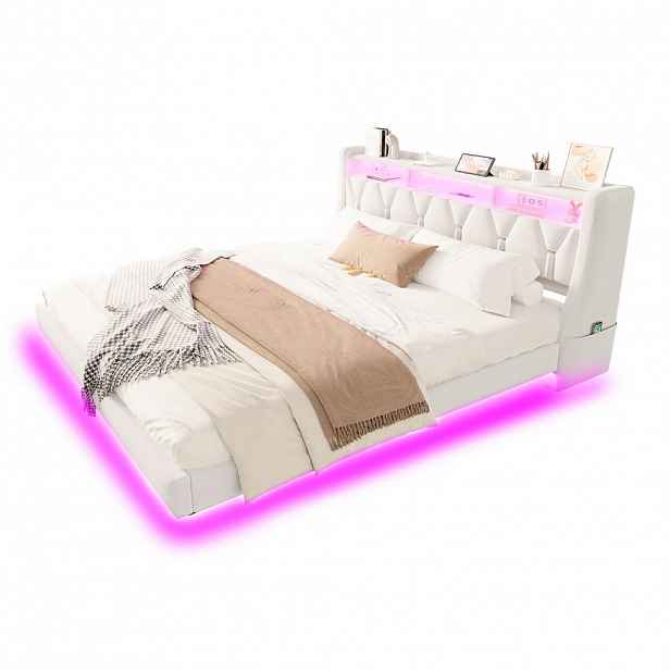 WISHDOR ČALOUNĚNÁ POSTEL 180 × 200 cm v béžovém sametu s LED osvětlením, USB, USB-C, policí a odkládací policí
