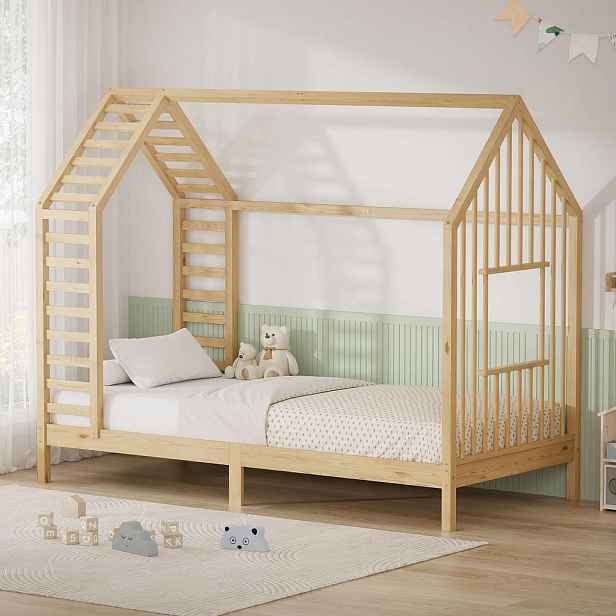 ML-DESIGN DĚTSKÁ POSTEL 90x200 cm s lamelovým roštem, střechou a okénkem, postel ve tvaru domečku z masivního borovicového dřeva, přírodní