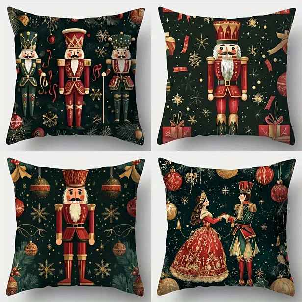 TEMU 4ks slavnostní louskáček vánoční potahy na polštáře - moderní styl, lze prát v pračce, zapínání na zip, tkaný polyester, sváteční dekorativní