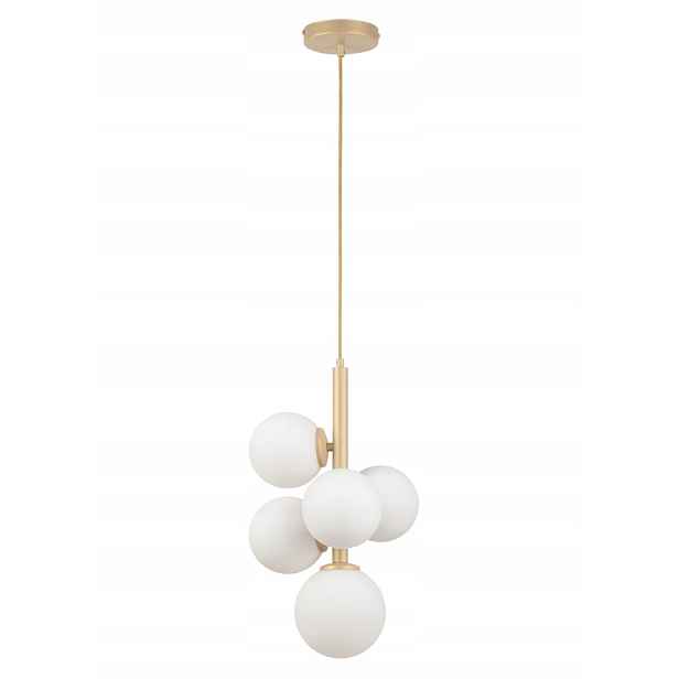 Dekorativní závěsná lampa zlatá, moderní skleněné bílé koule, 5 bodů Sigma