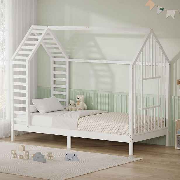 ML-DESIGN DĚTSKÁ POSTEL 90x200 cm s lamelovým roštem, střechou a okénkem, postel ve tvaru domečku z masivního borovicového dřeva, bílá