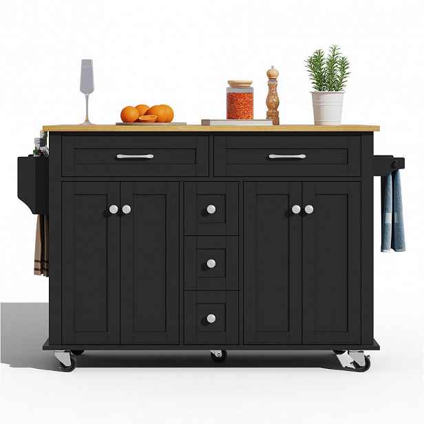 OKWISH KUCHYŇSKÝ vozík 140/65/89 cm černá a přírodní z MDF s výklopnou pracovní deskou a úložným prostorem