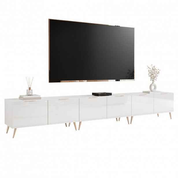 Idohome TV skříňka ANGEL 300 cm na nožkách s osvětlením BÍLÝ VYSOKÝ LESK