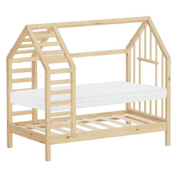 ML-DESIGN DĚTSKÁ POSTEL 70x140 cm s matrací, lamelovým roštem a střechou – postel ve tvaru domečku z masivního borovicového dřeva v přírodním odstínu