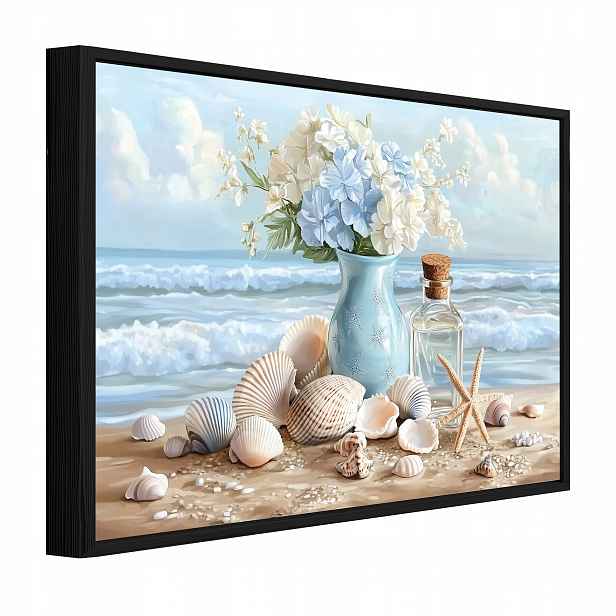 Obraz V Černém Rámu Na Plátně Moře Váza Květiny Obývací Pokoj Ložnice 60x40