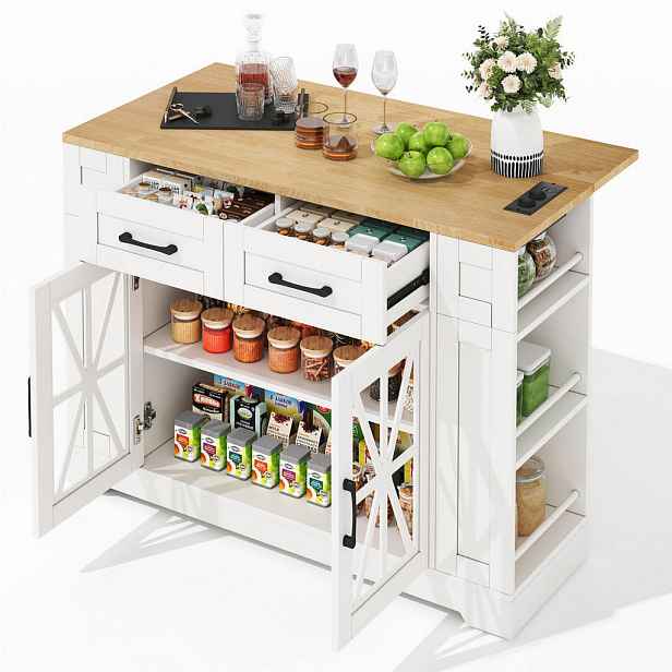 OKWISH KUCHYŇSKÝ ostrůvek 120/40(65)/92 cm bílá a přírodní z MDF s výsuvnou deskou, zásuvkami a kolečky