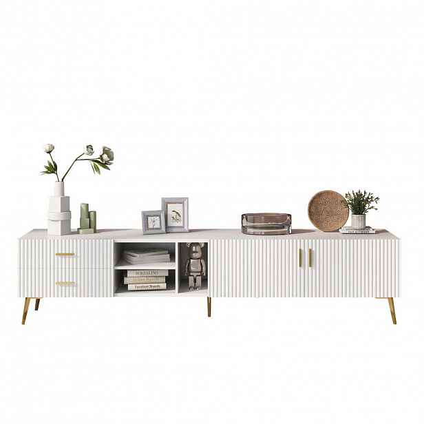 OKWISH TV stolek 180/35/41 cm bílý z MDF pro TV do 80" se 2 zásuvkami a 3 otevřenými přihrádkami