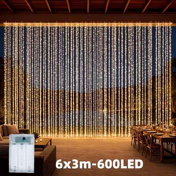 TEMU 1 balení LED pohádkových závěsných řetězových světel, 600 LED, 8 režimů, venkovní osvětlení na terasu pro zahradu, svatbu, párty, Halloween,