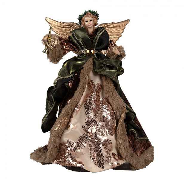 Anděl ve zdobných hnědých šatech na špičku stromku Angel Chris - 16*10*28 cm Clayre & Eef