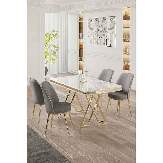 Dining Table & Chairs Set (5 Pieces) Vals - White, Gold, Grey