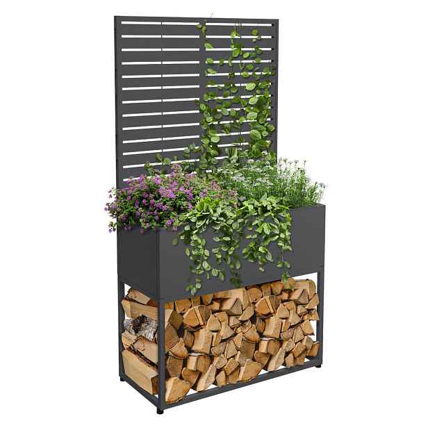 ML-DESIGN REGÁL NA DŘEVO Venkovní regál na palivové dřevo s květináčem a mřížkou pro popínavé rostliny, pozinkovaná ocel, antracit, 90 x 40 x 170 cm