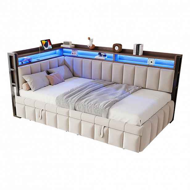 WISHDOR ROZKLÁDACÍ POHOVKA 90 × 200 cm / 90 × 190 cm v béžovém sametu s výsuvným lůžkem, LED osvětlením a USB
