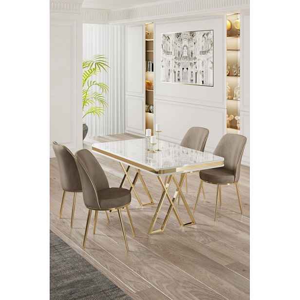Dining Table & Chairs Set (5 Pieces) Vals - White, Gold, Cappuccino