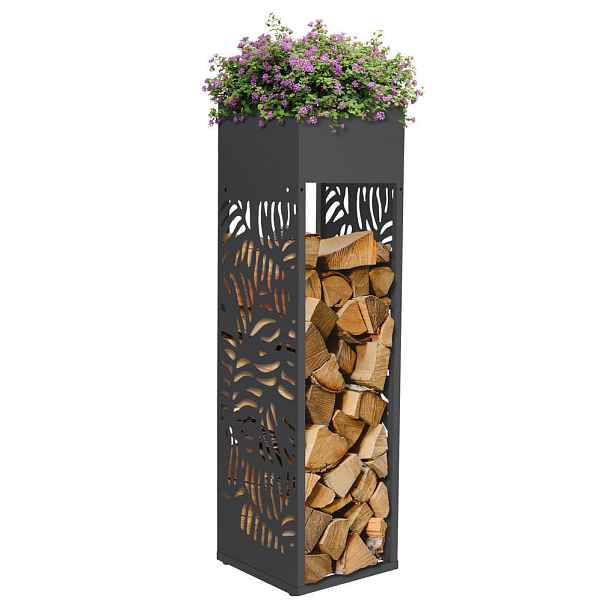 ML-DESIGN REGÁL NA DŘEVO do interiéru i exteriéru, kovový regál na palivové dřevo s květináčem, pozinkovaná ocel, antracitová barva, 30x30x111 cm, lis