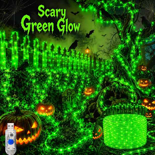 TEMU Halloweenské zelené trubičkové pohádkové řetězové světla s USB napájením, flexibilní lanové osvětlení pro interiér, exteriér, dvůr, zahradu, ,