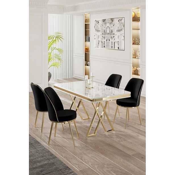 Dining Table & Chairs Set (5 Pieces) Vals - White, Gold, Black
