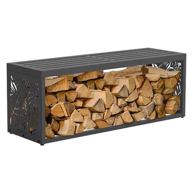 ML-DESIGN REGÁL NA DŘEVO do interiéru i exteriéru s lavičkou, kovový regál na palivové dřevo, antracitová barva, 120 x 38 x 43 cm, pozinkovaná ocel, m